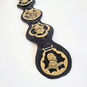 Vintage Brass Horse Medallions On Leather Harness Strap, Set Of Five Medallions